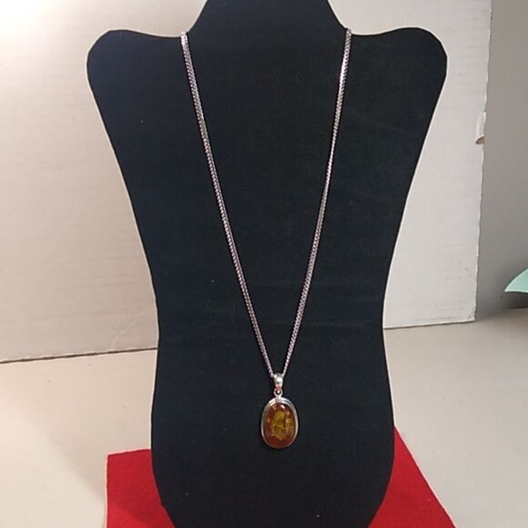 Vintage Carved Amber Sterling Silver Pendant and Chain Cottagecore - Picture 2 of 12
